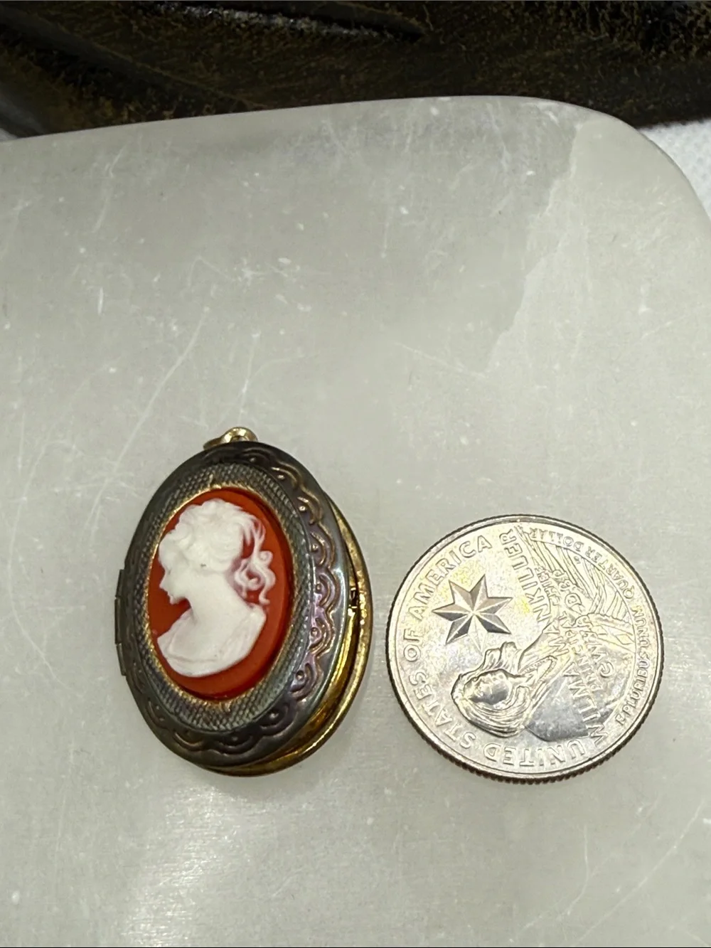 Vintage Classic White Cameo Coral lucite distressed Locket Pendant charm